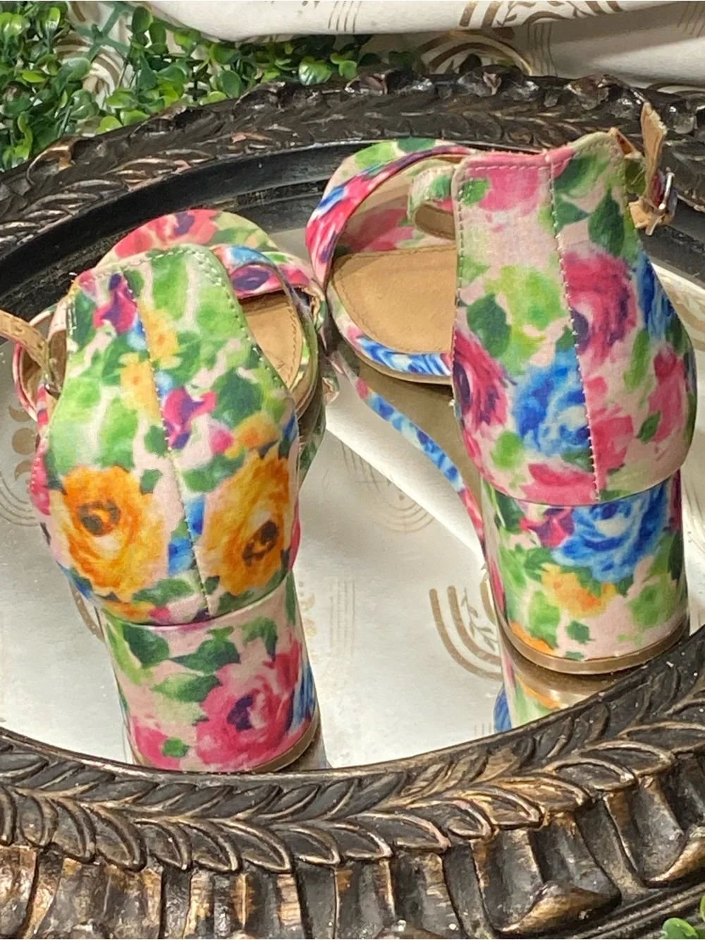 Brash Floral Multi-Color Block Heel Ankle-Strap Sandals